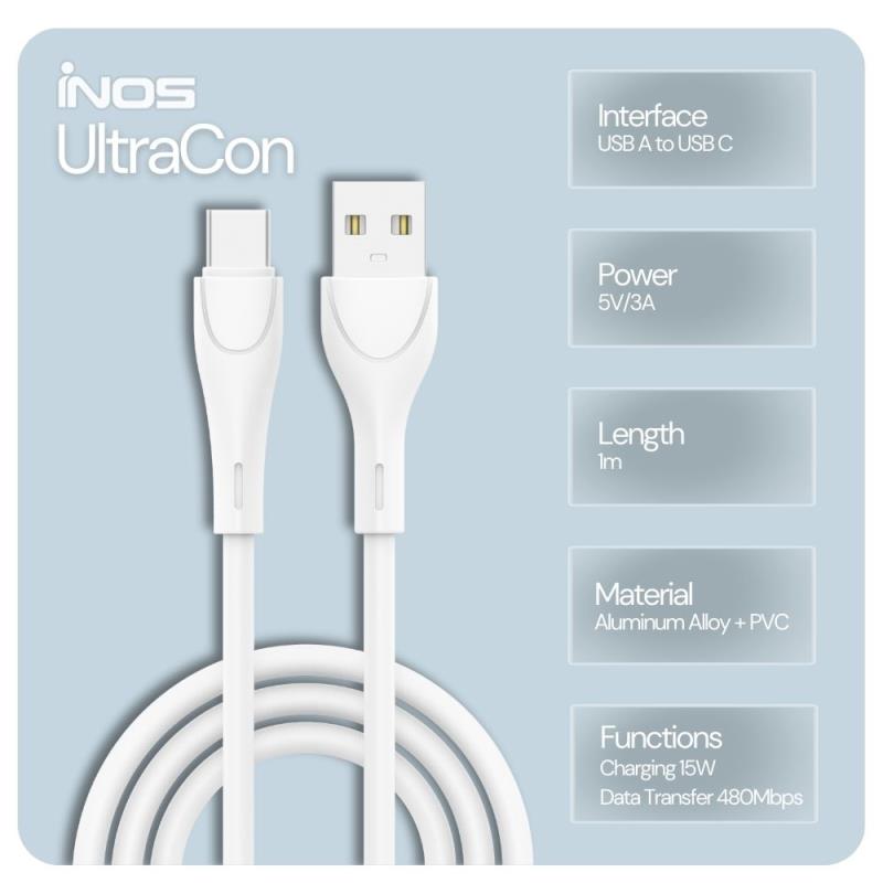 Καλώδιο Σύνδεσης USB 2.0 inos UltraCon USB A σε USB C 15W 1m Λευκό
