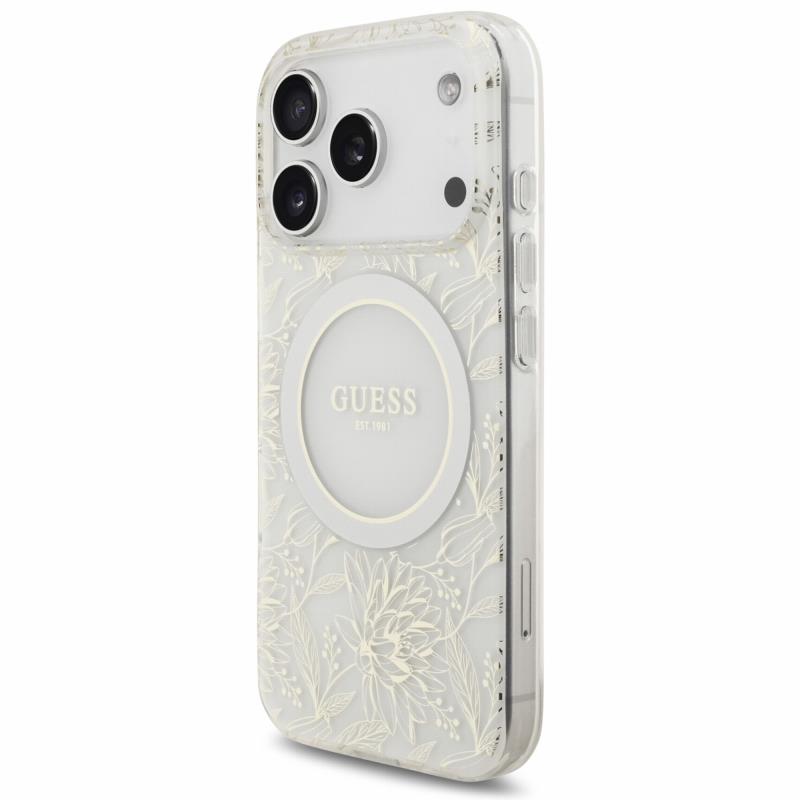 Θήκη PU/ Silicon Guess Magsafe Apple iPhone 18 Pro/ 17 Pro IML Flowers με Pearl Strap Λευκό