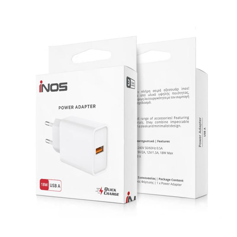 Φορτιστής Ταξιδίου inos με Έξοδο USB A 18W Λευκό