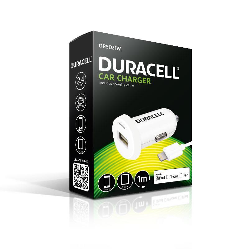Φορτιστής Αυτοκινήτου Ταχείας Φόρτισης Duracell με Έξοδο USB A 2.4Α & Καλώδιο USB A σε MFI Lightning 1m Λευκό