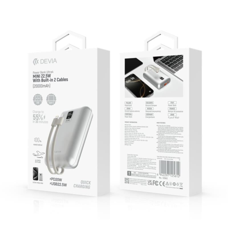 Φορτιστής Ανάγκης Devia EP208 22.5W 20000mAh Mini με 2 Ενσωματωμένα Καλώδια Ultra4 Ασημί