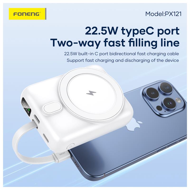 Φορτιστής Ανάγκης Foneng PX121 22.5W 10000mAh Magnetic Wireless με Ενσωματωμένο Καλώδιο Σκούρο Γκρι