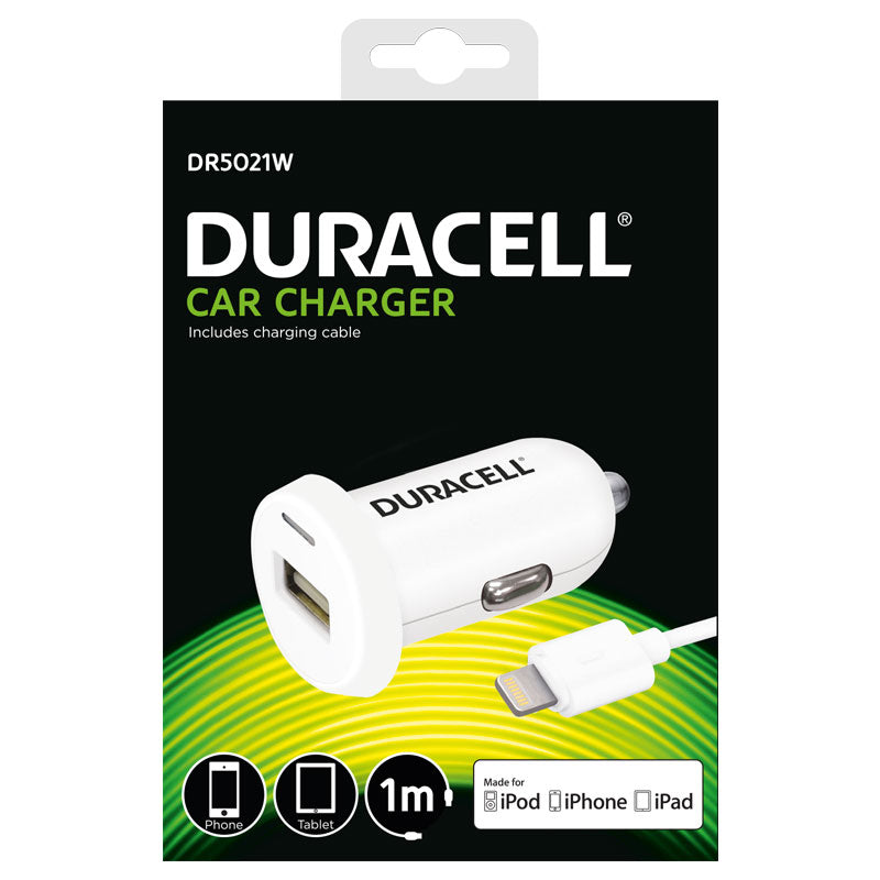 Φορτιστής Αυτοκινήτου Ταχείας Φόρτισης Duracell με Έξοδο USB A 2.4Α & Καλώδιο USB A σε MFI Lightning 1m Λευκό