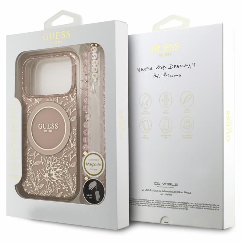 Θήκη PU/ Silicon Guess Magsafe Apple iPhone 18 Pro/ 17 Pro IML Flowers με Pearl Strap Ροζ