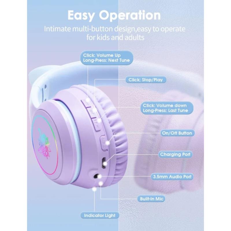 Onikuma B90 Gaming Wireless Headset with RGB Cat Ears Blue-Purple