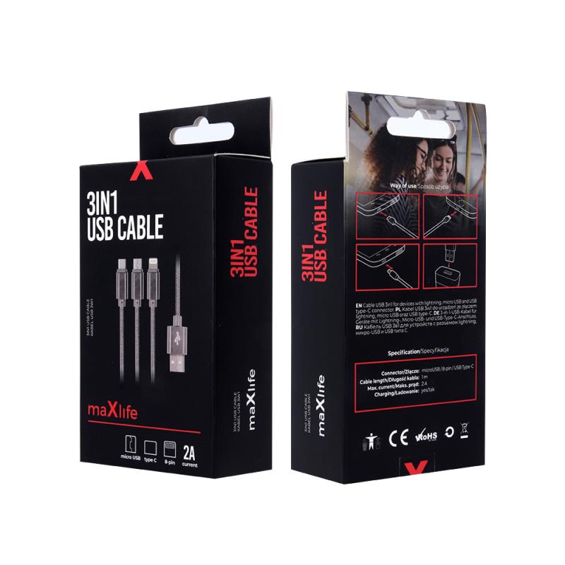 Καλώδιο Σύνδεσης USB 2.0 Maxlife Braided 3 σε 1 USB A σε Micro USB & USB C & Lightning 10W 1m Γκρι