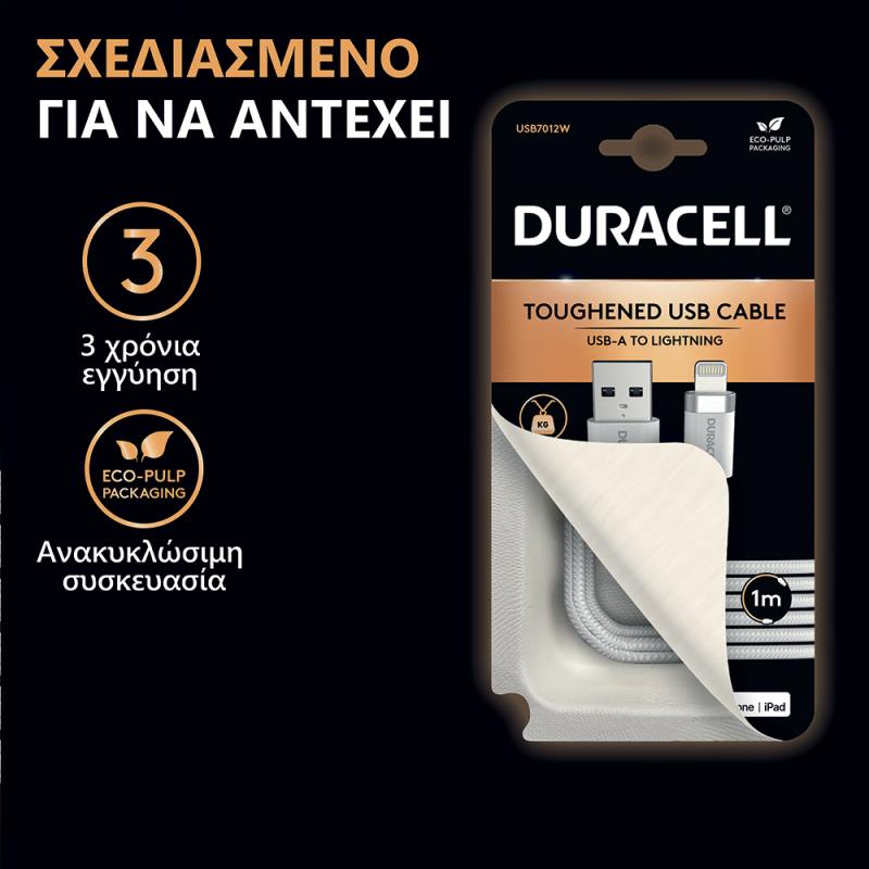 Καλώδιο Σύνδεσης USB 2.0 Duracell Braided Kevlar USB A σε MFI Lightning 15W 2m Λευκό