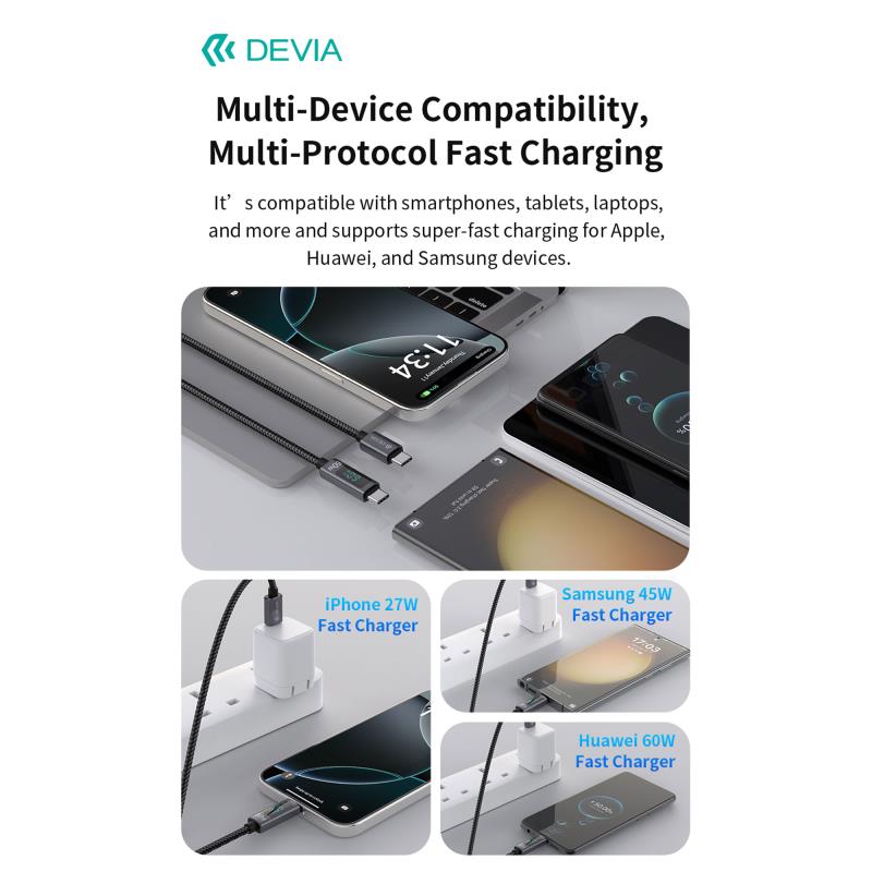 Καλώδιο Σύνδεσης USB 2.0 Devia EC313 Metal Woven USB C σε USB C με Οθόνη PD 60W 1.2m Extreme Μαύρο