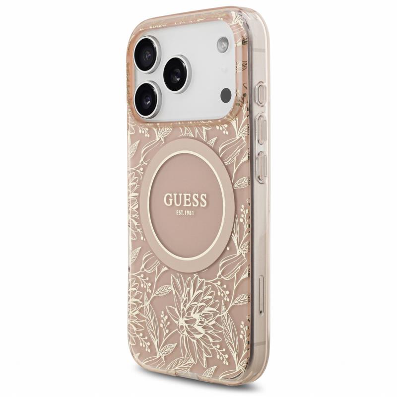 Θήκη PU/ Silicon Guess Magsafe Apple iPhone 18 Pro/ 17 Pro IML Flowers με Pearl Strap Ροζ
