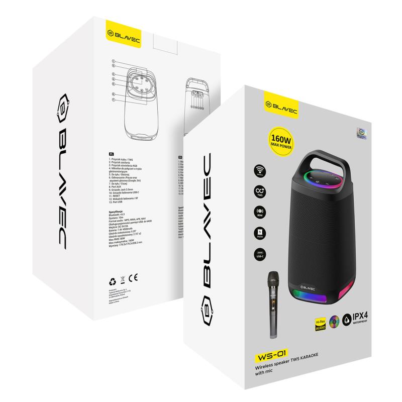 Φορητό Ηχείο Bluetooth Blavec WS-01 Karaoke TWS BT 5.3 USB AUX 4500mAh 160W Μαύρο