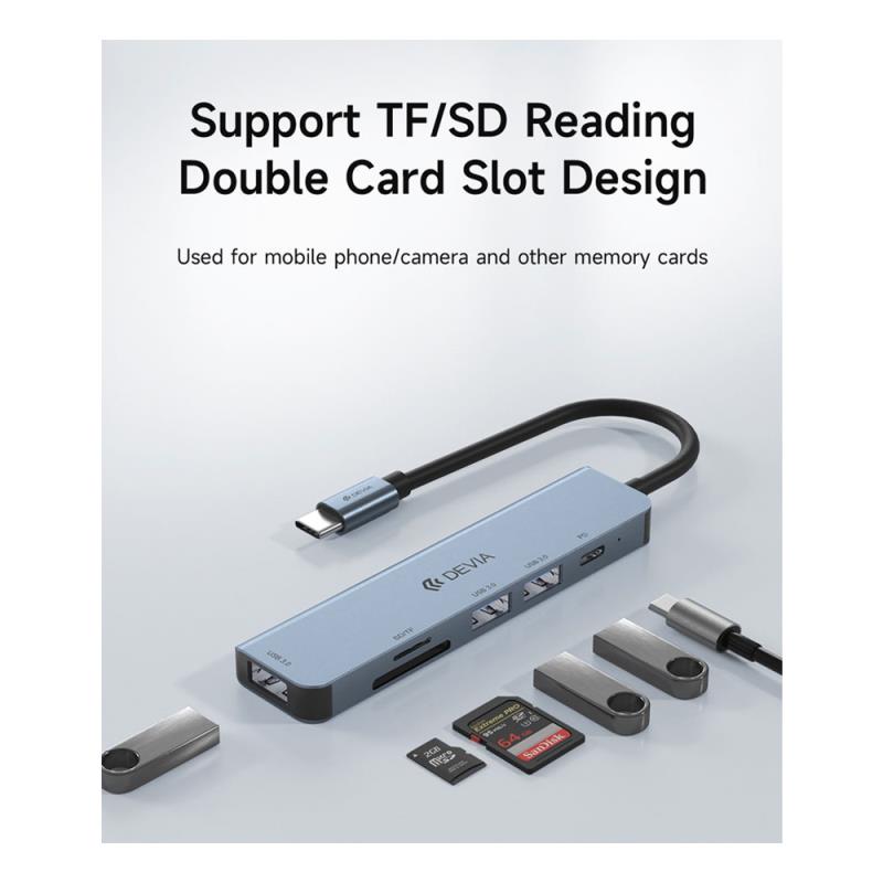 Hub USB C Devia EC135 5 σε 1 (Updated) με Card Reader Leopard PD Σκούρο Γκρι