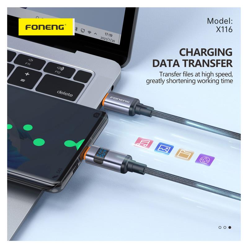 Καλώδιο Σύνδεσης USB 2.0 Foneng X116 Power Display Aluminum Alloy Braided USB C σε USB C 60W 1.2m Μαύρο