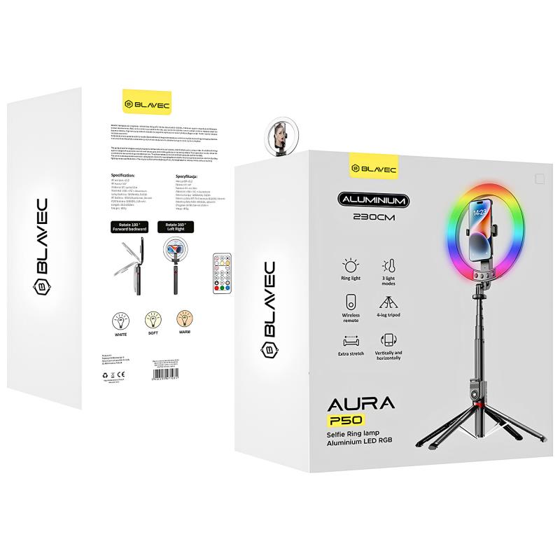 Φωτιστικό Selfie LED Ring Lamp Blavec Aura P-50 με Τρίποδο & Τηλεχειριστήριο για Κινητά Μαύρο