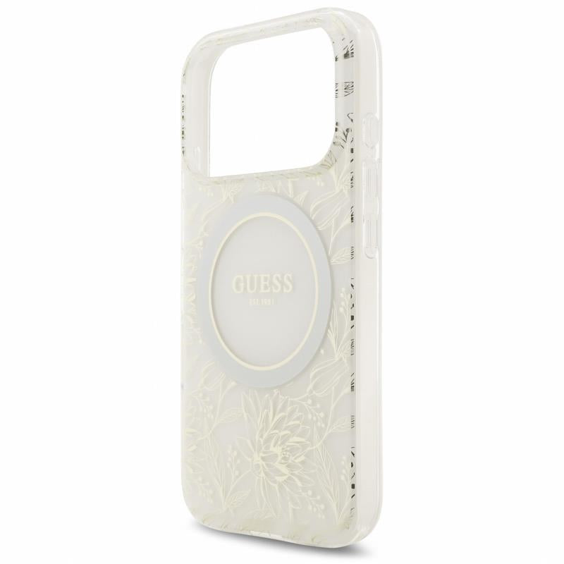 Θήκη PU/ Silicon Guess Magsafe Apple iPhone 18 Pro/ 17 Pro IML Flowers με Pearl Strap Λευκό