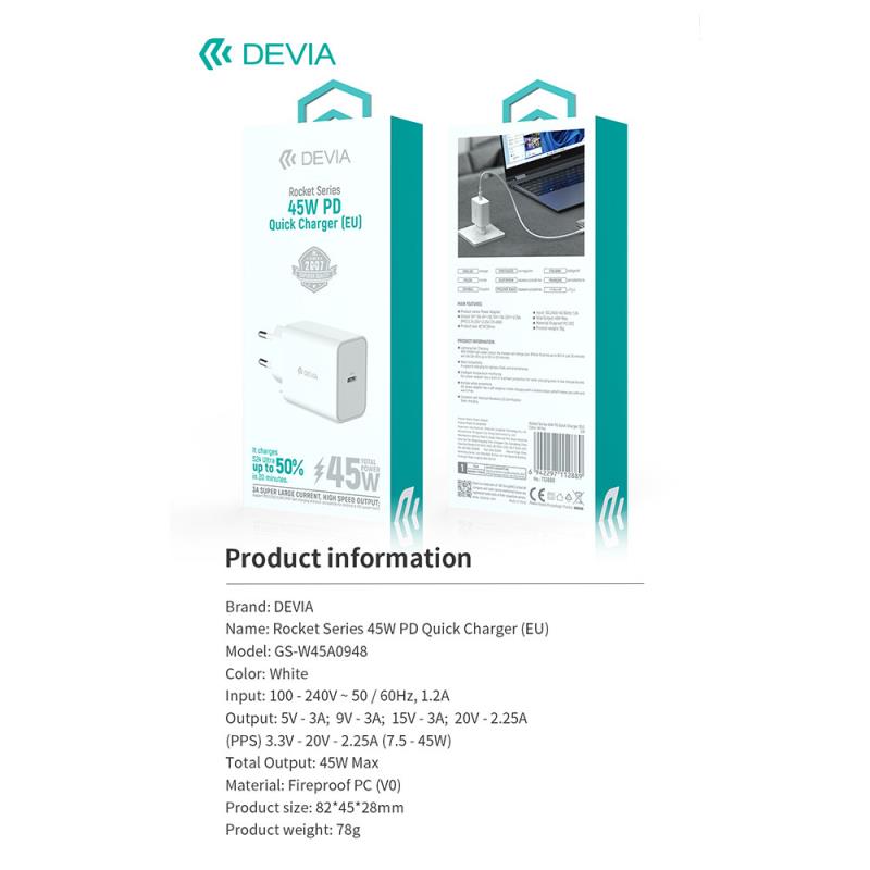 Φορτιστής Ταξιδίου Ταχείας Φόρτισης Devia GS-W45A0948 με Έξοδο USB C PD 45W Rocket Λευκό
