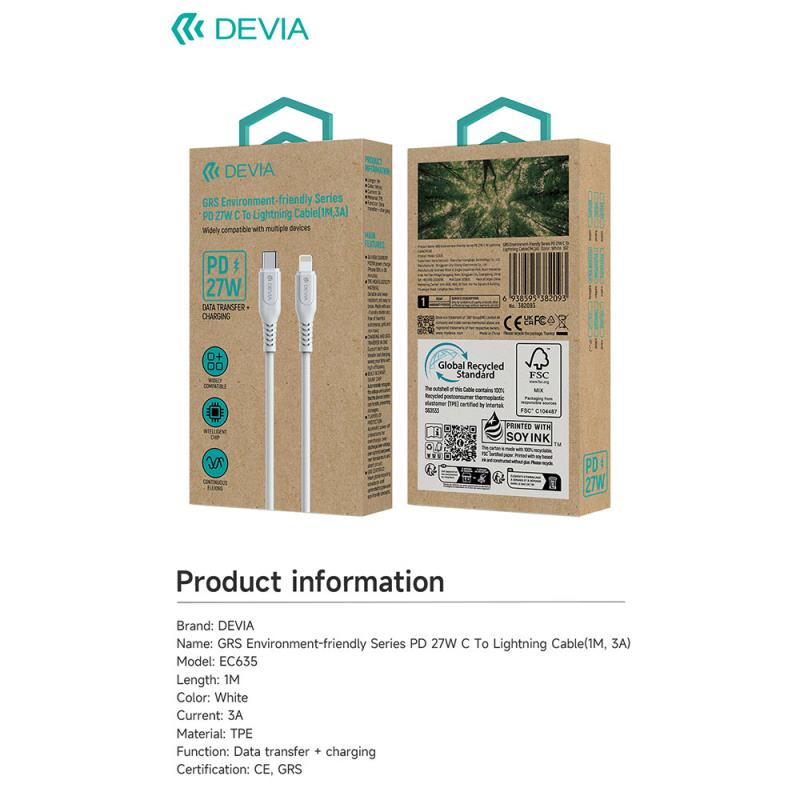 Καλώδιο Σύνδεσης USB 2.0 Enviroment-Friendly Devia EC635 USB C σε Lightning PD 27W 1m GRS Λευκό
