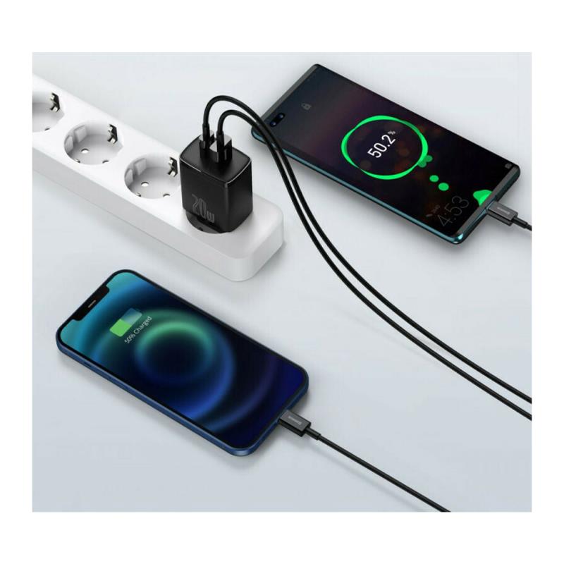 Φορτιστής Ταξιδίου Ταχείας Φόρτισης Baseus Compact με Διπλή Έξοδο USB A & USB C PD QC 20W 3A Μαύρο