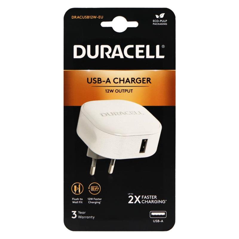 Φορτιστής Ταξιδίου Duracell με Έξοδο USB A 12W 2.4A Λευκό