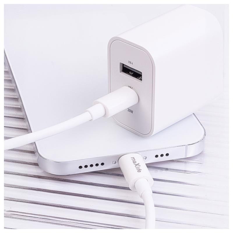 Φορτιστής Ταξιδίου Ταχείας Φόρτισης Maxlife MXTC-06-20AC με Διπλή Έξοδο USB A & USB C 20W & Καλώδιο USB C σε Lightning 1m Λευκό