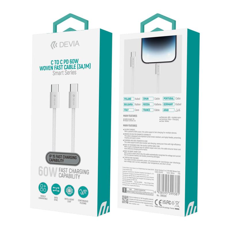 Καλώδιο Σύνδεσης USB 2.0 Devia EC325 Braided USB C σε USB C PD 60W 1m Smart Λευκό