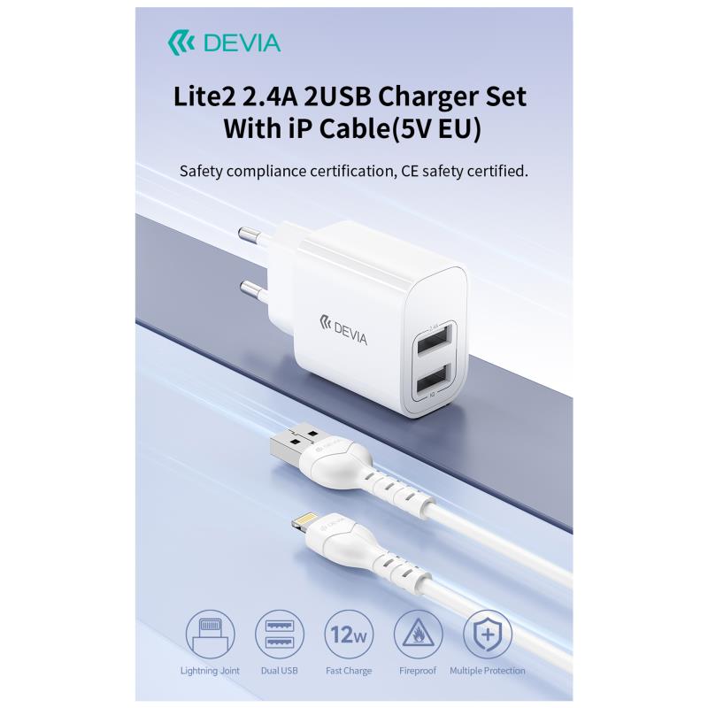 Φορτιστής Ταξιδίου Devia RLC-342 με Διπλή Έξοδο 2xUSB A 12W & Καλώδιο USB A σε Lightning 1m Lite2 Λευκό