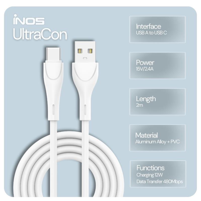 Καλώδιο Σύνδεσης USB 2.0 inos UltraCon USB A σε USB C 12W 2m Λευκό