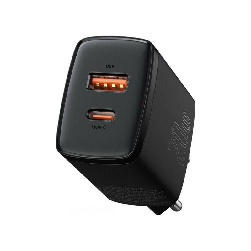 Φορτιστής Ταξιδίου Ταχείας Φόρτισης Baseus Compact με Διπλή Έξοδο USB A & USB C PD QC 20W 3A Μαύρο