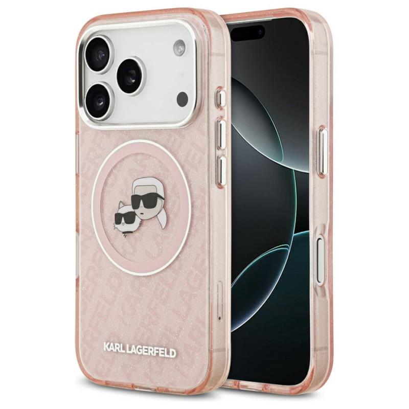 Θήκη Σιλικόνης Karl Lagerfeld Magsafe Apple iPhone 17 Pro Max Glitter Karl & Choupette Heads Ροζ