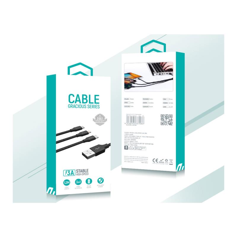 Καλώδιο Σύνδεσης USB 2.0 Devia EC048 Braided 3 σε 1 USB A σε Micro USB & USB C & Lightning 15W 1.2m Gracious Μαύρο