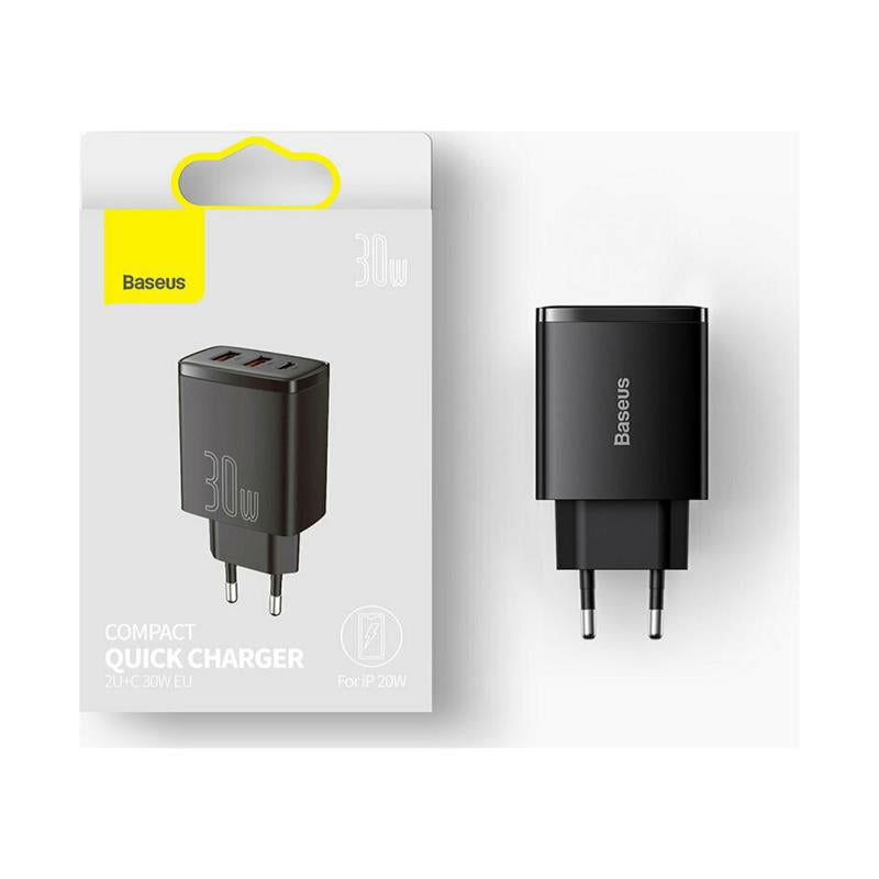 Φορτιστής Ταξιδίου Ταχείας Φόρτισης Baseus Compact με Τριπλή Έξοδο 2xUSB A & USB C PD QC 30W 3A Μαύρο