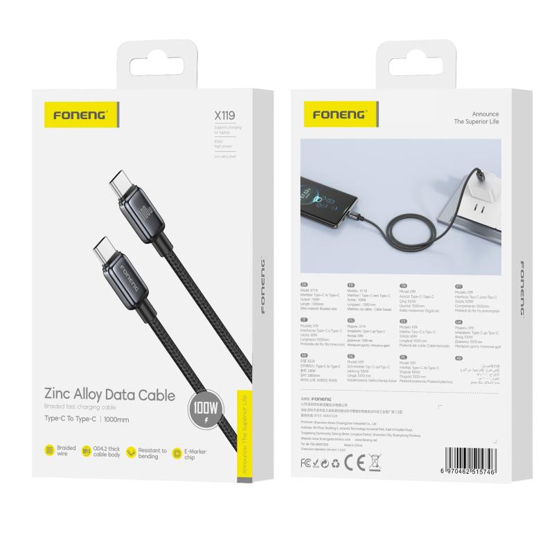 Καλώδιο Σύνδεσης USB 2.0 Foneng X119 Zinc Alloy Head Braided USB C σε USB C 100W 1m Μαύρο