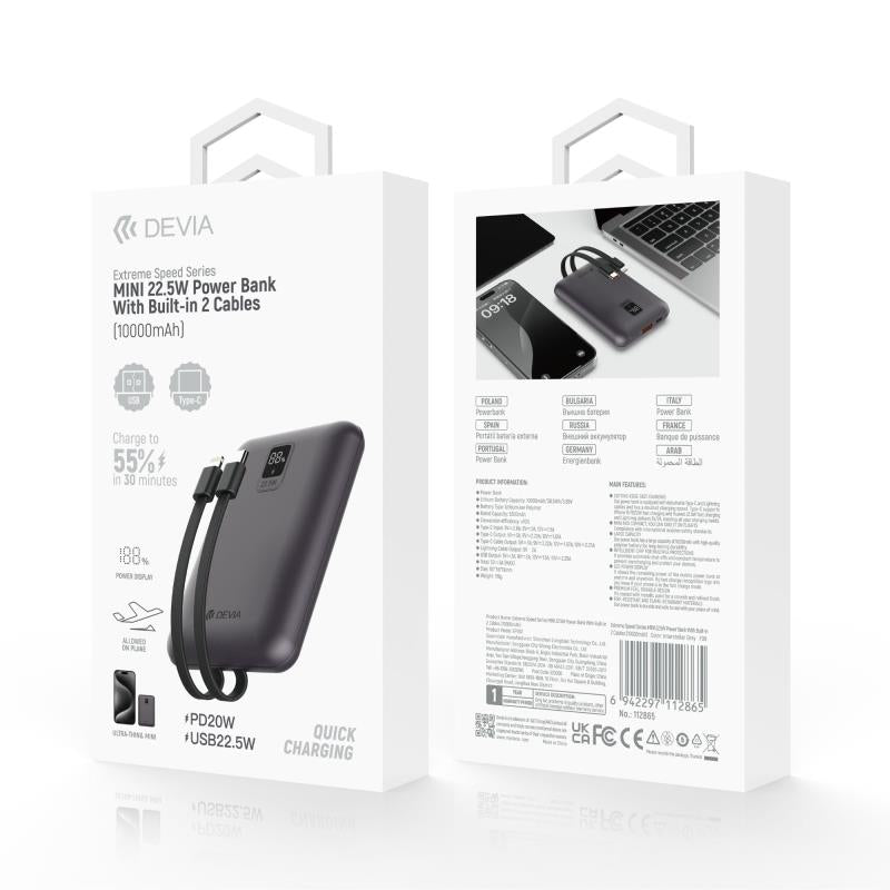 Φορτιστής Ανάγκης Devia EP202 22.5W 10000mAh Mini με 2 Ενσωματωμένα Καλώδια Extreme Speed Γκρι