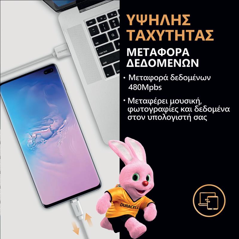 Καλώδιο Σύνδεσης USB 2.0 Duracell Braided Kevlar USB A σε MFI Lightning 12W 1m Λευκό
