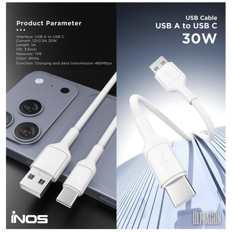 Καλώδιο Σύνδεσης USB 2.0 inos UltraCon USB A σε USB C 30W 1m Λευκό