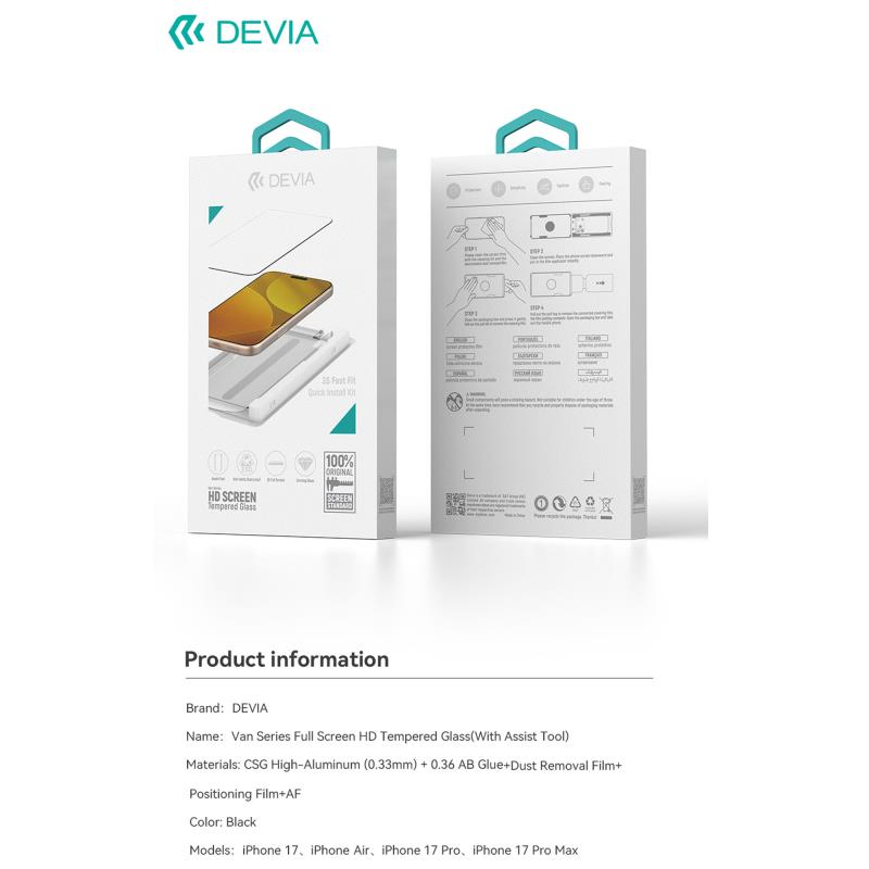 Tempered Glass Full Face HD Devia Apple iPhone 17 Pro Max με Βοηθητικό Εργαλείο Van Μαύρο (1 τεμ.)