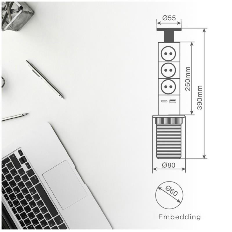 Πολύπριζο GSC 3 Θέσεων με Κουμπί On/Off, Θύρες USB A & USB C & Καλώδιο 1.4m (3 x 1.5mm) Μαύρο-Γκρι