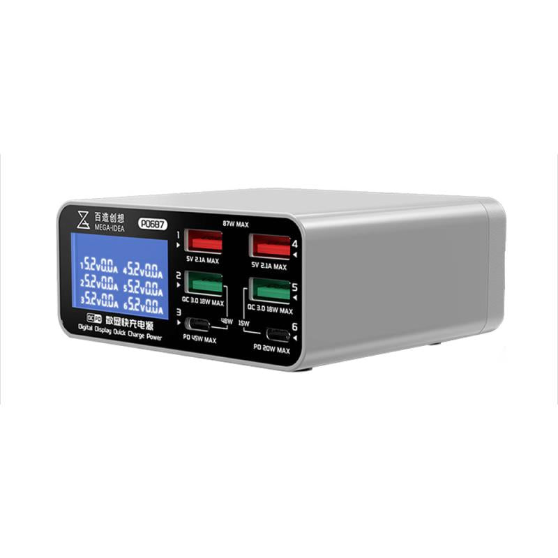 Πολυφορτιστής Πάγκου Service MEGA-IDEA PQ687 PD QC 87W με 6 Θύρες USB & Οθόνη Ενδείξεων