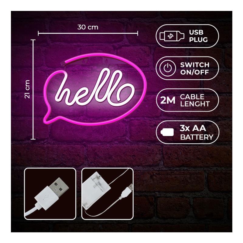 Neon LED Forever Light FLNE15 HELLO (USB/Μπαταρίας & On/Off) Ροζ - Λευκό