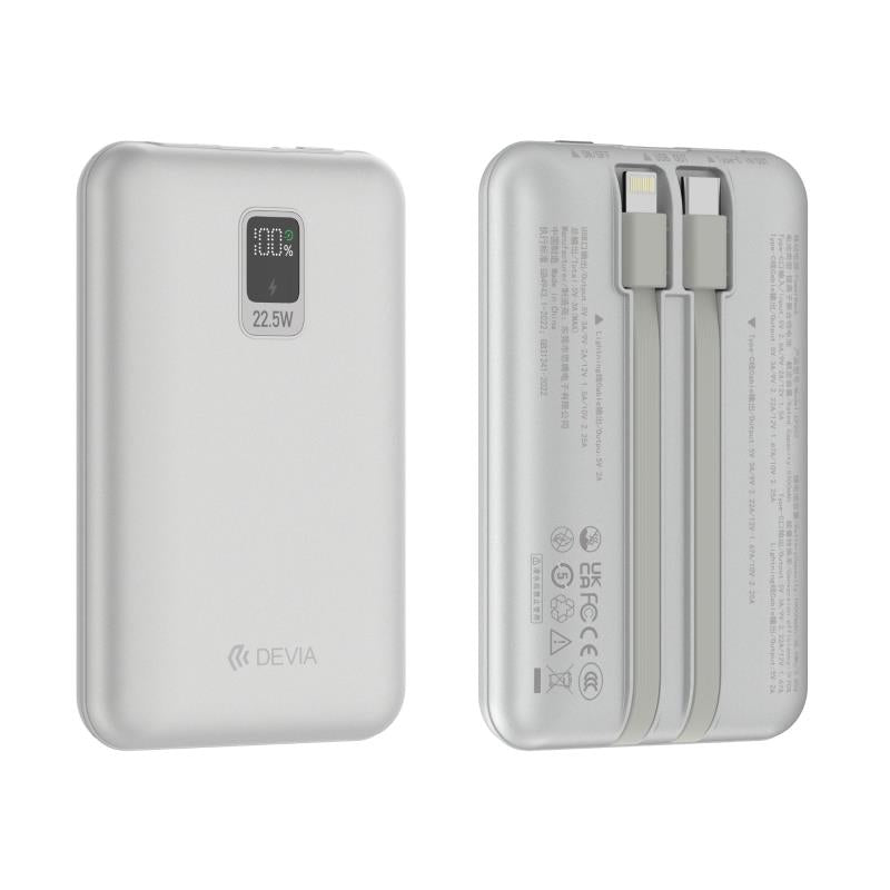 Φορτιστής Ανάγκης Devia EP202 22.5W 10000mAh Mini με 2 Ενσωματωμένα Καλώδια Extreme Speed Ασημί