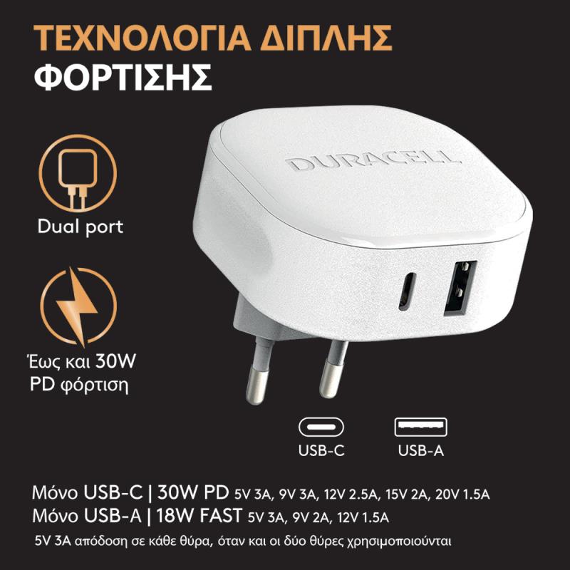 Φορτιστής Ταξιδίου Ταχείας Φόρτισης Duracell με Διπλή  Έξοδο USB A & USB C PD 30W Λευκό