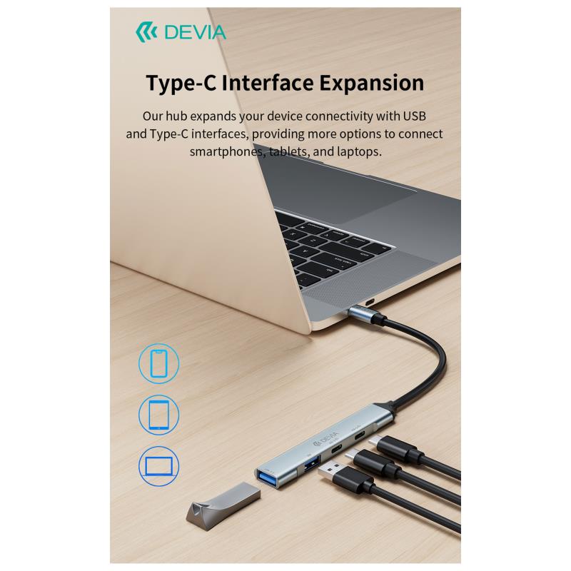 Hub USB C Devia EC707 4 σε 1 2xUSB A & 2xUSB C Lite1 Γκρι