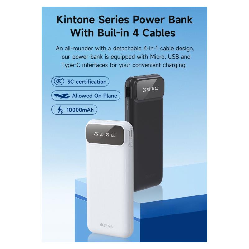 Φορτιστής Ανάγκης Devia EP189 10W 10000mAh με 4 Ενσωματωμένα Καλώδια Kintone Μαύρο