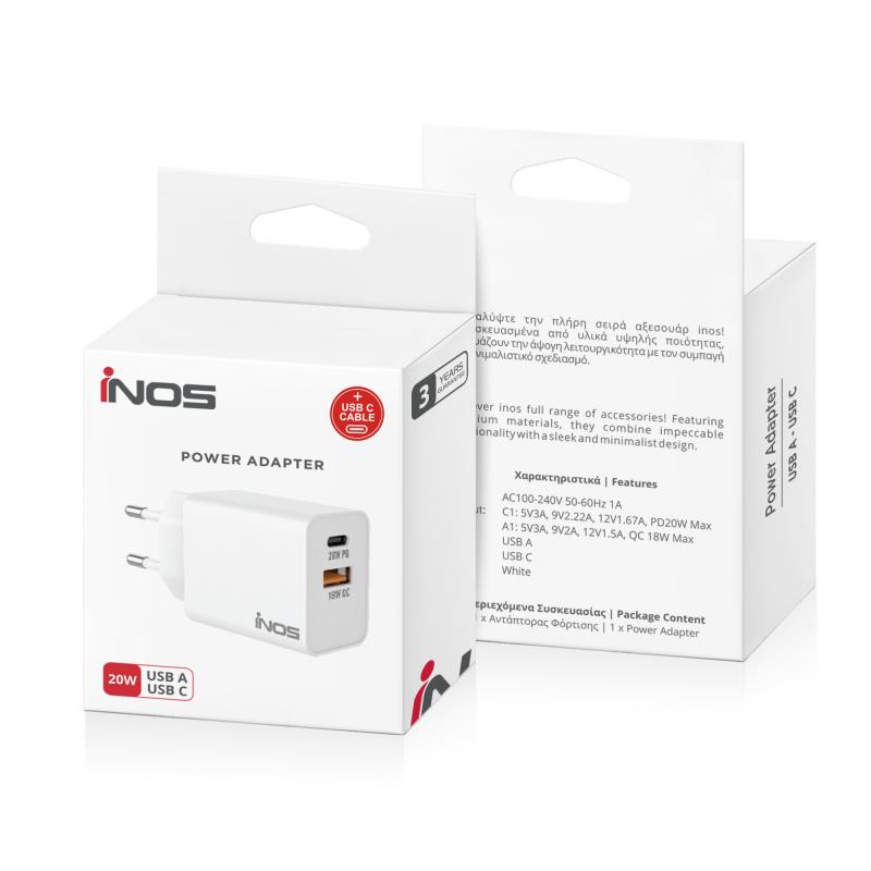 Φορτιστής Ταξιδίου Ταχείας Φόρτισης inos με Διπλή Έξοδο USB A & USB C PD QC 3.0 20W & USB C Καλώδιο 1m Λευκό