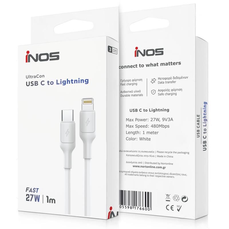 Καλώδιο Σύνδεσης USB 2.0 inos UltraCon USB C σε Lightning 27W 1m Λευκό