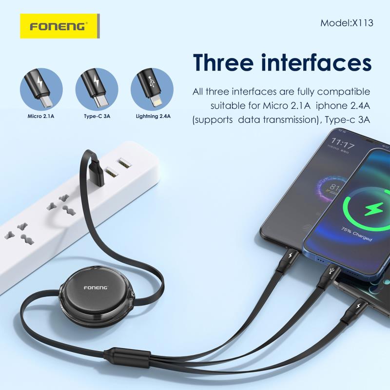 Καλώδιο Σύνδεσης USB 2.0 Foneng X113 Retractable Flat 3 σε 1 USB A σε Micro USB & USB C & Lightning 1.1m Μαύρο