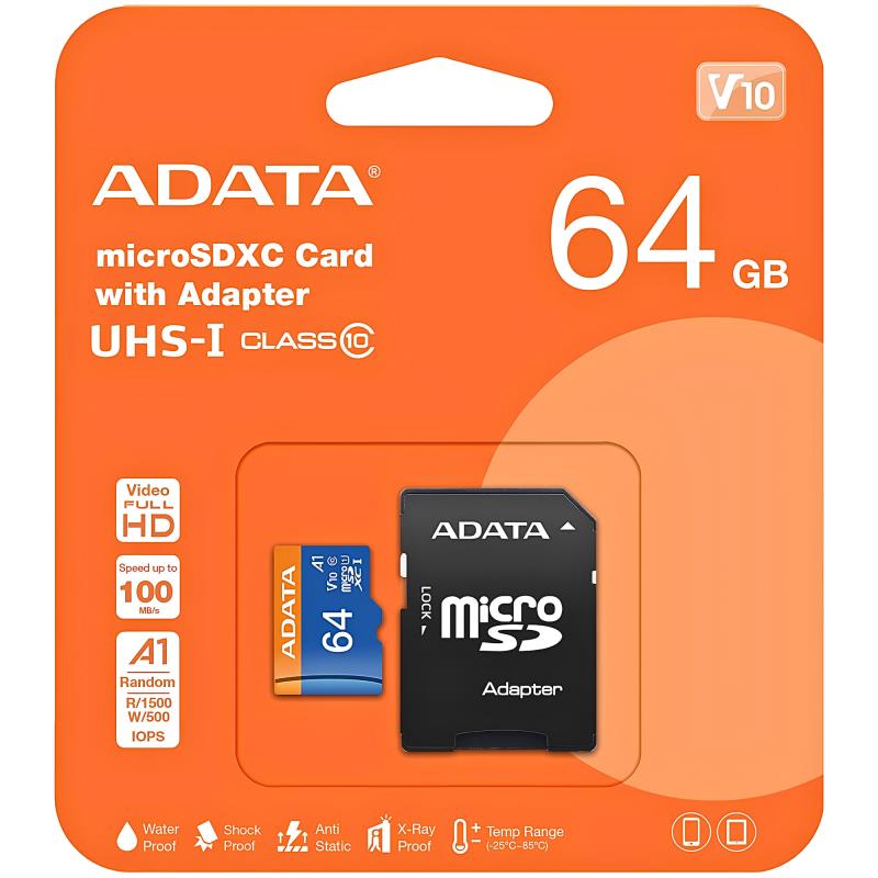 Κάρτα μνήμης Micro SDXC C10 UHS-1 U1 Adata 100MB/s 64GB + 1 ADP