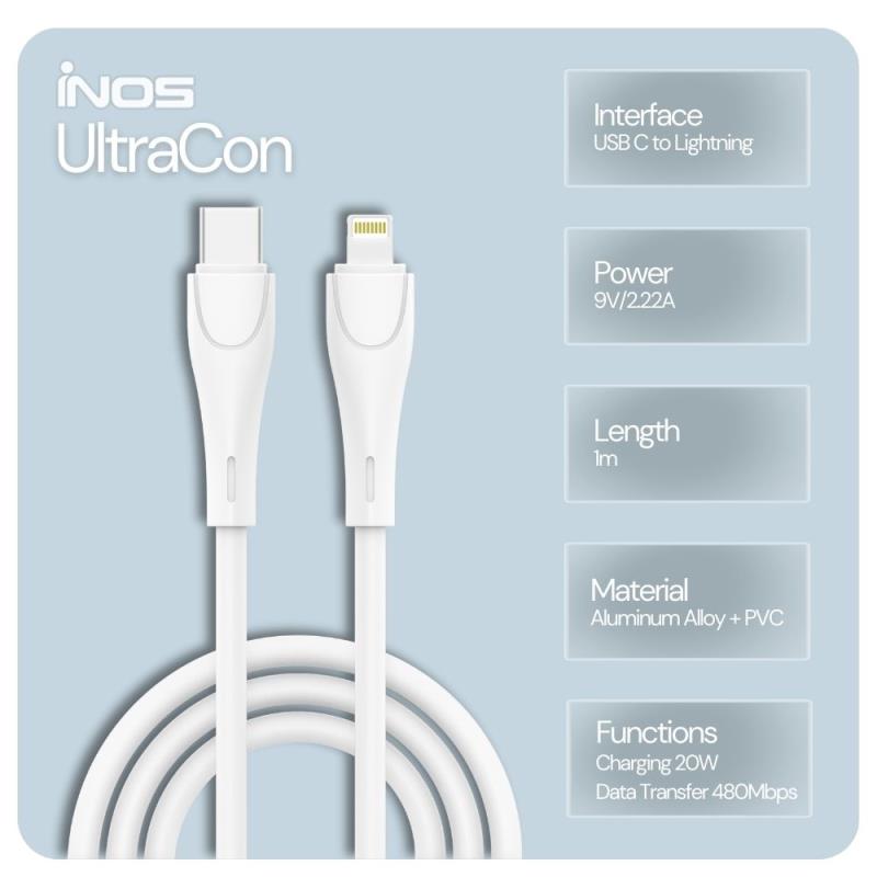 Καλώδιο Σύνδεσης USB 2.0 inos UltraCon USB C σε Lightning 20W 1m Λευκό