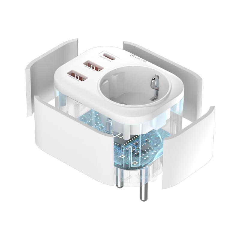Μονόπριζο Devia WW09-F-PD Auto Power 1AC & 3 Θύρες USB (2x USB A, 1x USB C) PD QC 20W Smart Λευκό