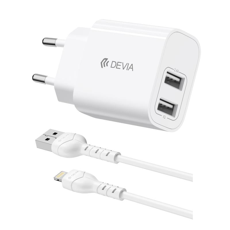 Φορτιστής Ταξιδίου Devia RLC-342 με Διπλή Έξοδο 2xUSB A 12W & Καλώδιο USB A σε Lightning 1m Lite2 Λευκό