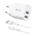 Φορτιστής Ταξιδίου Devia RLC-342 με Διπλή Έξοδο 2xUSB A 12W & Καλώδιο USB A σε Lightning 1m Lite2 Λευκό